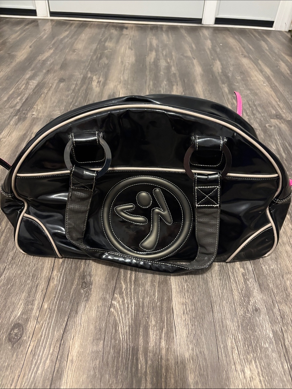 Zumba Fitness Black Patent Dome Travel Bag with Cream Piping